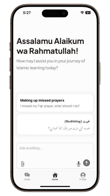 The Noble Islam app screenshot showing AI Quran and Hadith chat interface